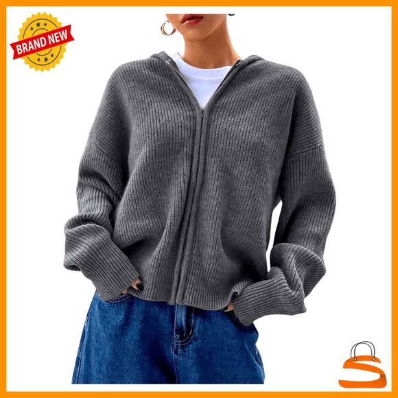 Zip Up Hooded Cardigan Knitted Drop Shoulder Oversized Cozy Casual Outerwear